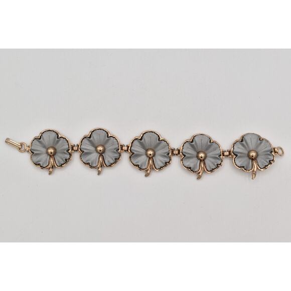 Vintage 7.5" Flower Bracelet Linked Chain Matte Gray Chunky Gold Tone 1960s BinO - Picture 9 of 12